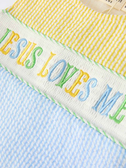 "Jesus Loves Me "Embroidered Baby Boy Romper: 6M