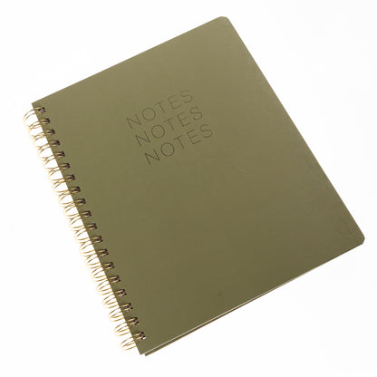 Green Spiral Desk Journal, An olive green spiral bound journal with Notes Notes Notes stamped in gold foil on the cover.