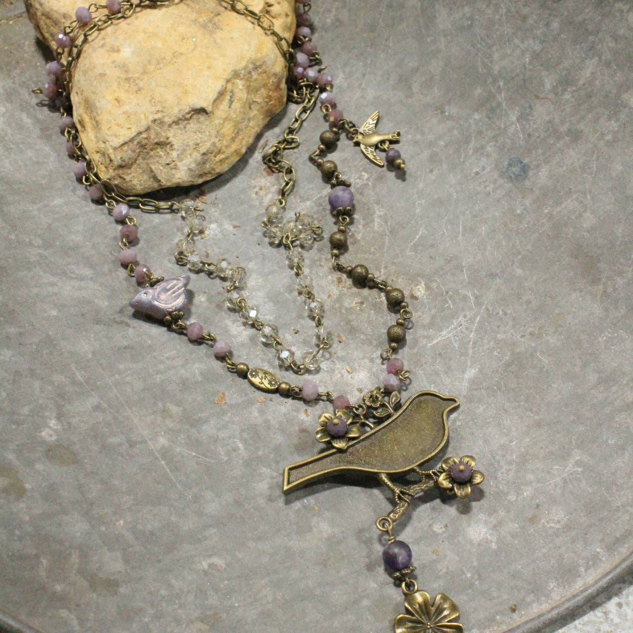 Bird Chirping Purple Czech Layered Necklace