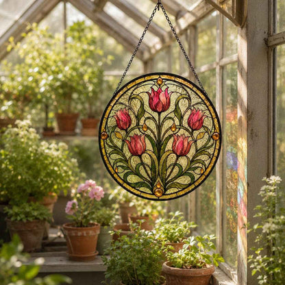 Stained Glass Tulip Suncatcher, Round Floral Window Hanging