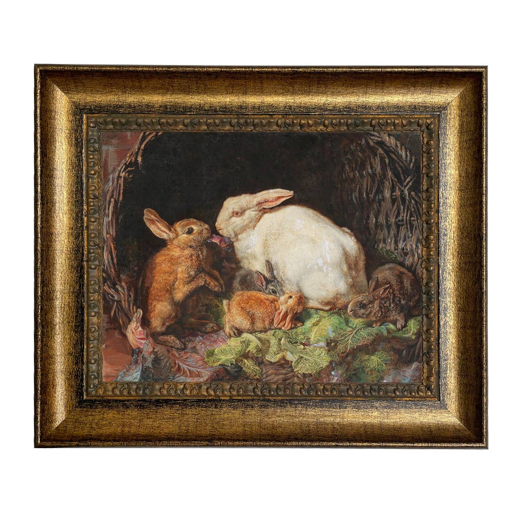Hares and Young Framed Painting Print on Canvas
