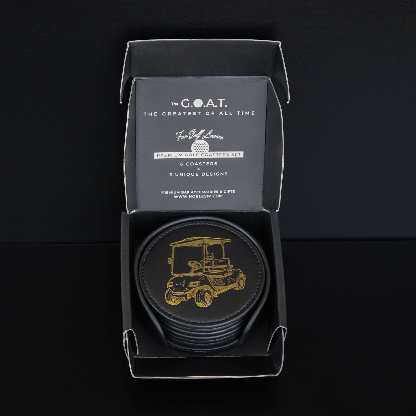 Coaster Set GOLF, NEW Premium Black with Gold Designs