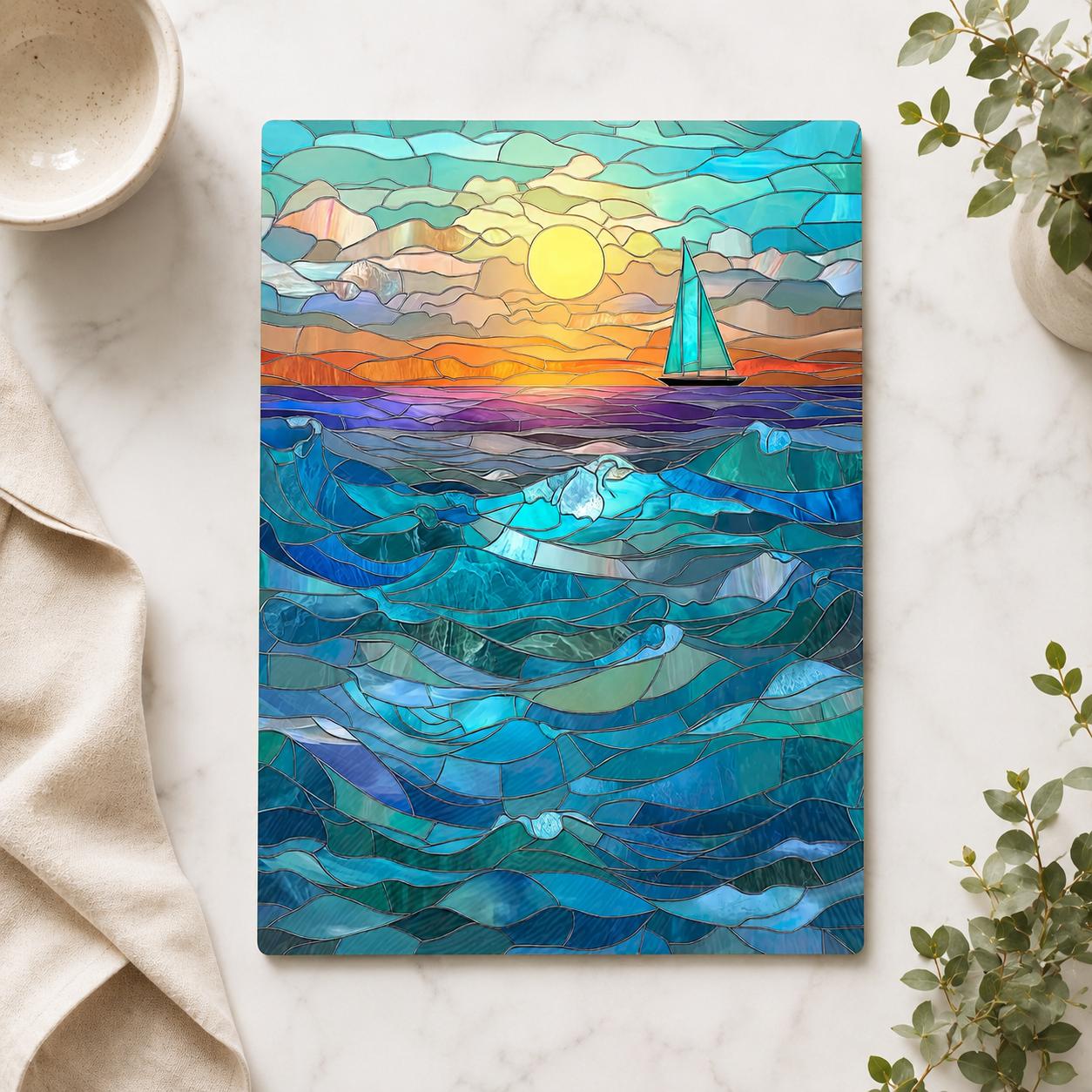 Sailboat Sunset Tempered Glass Cutting Board: 8x11 inch