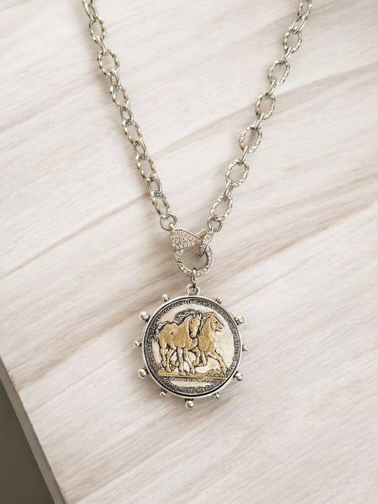 Double Horse Coin Equestrian Stainless Steel Silver Necklace