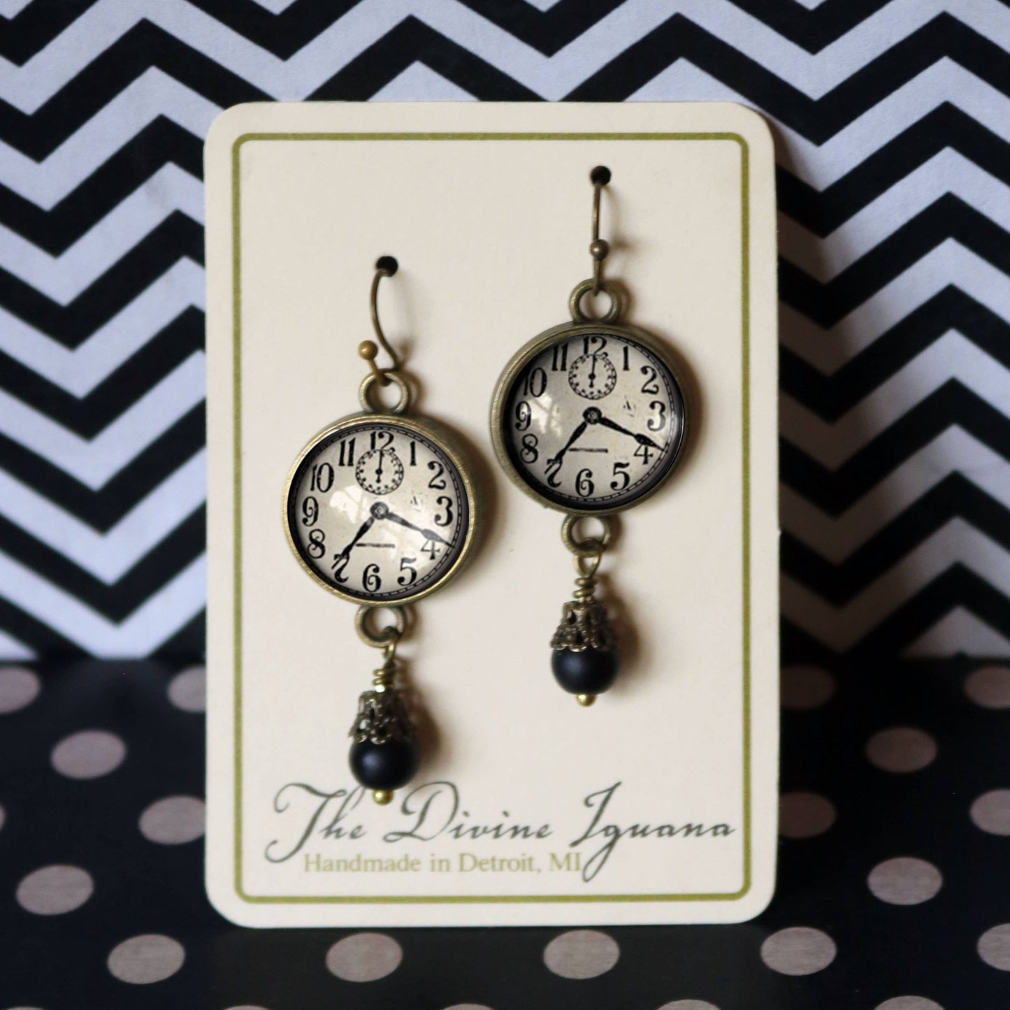 Edwardian Clock Steampunk Glass Cabochon and Bronze Earrings