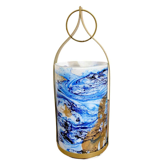 NAVY GOLD WATERCOLOR GLASS CANDLE HOLDER 11" H X 4" DIA