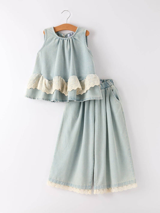Summer Light Color Denim Lace Girls Set: 7