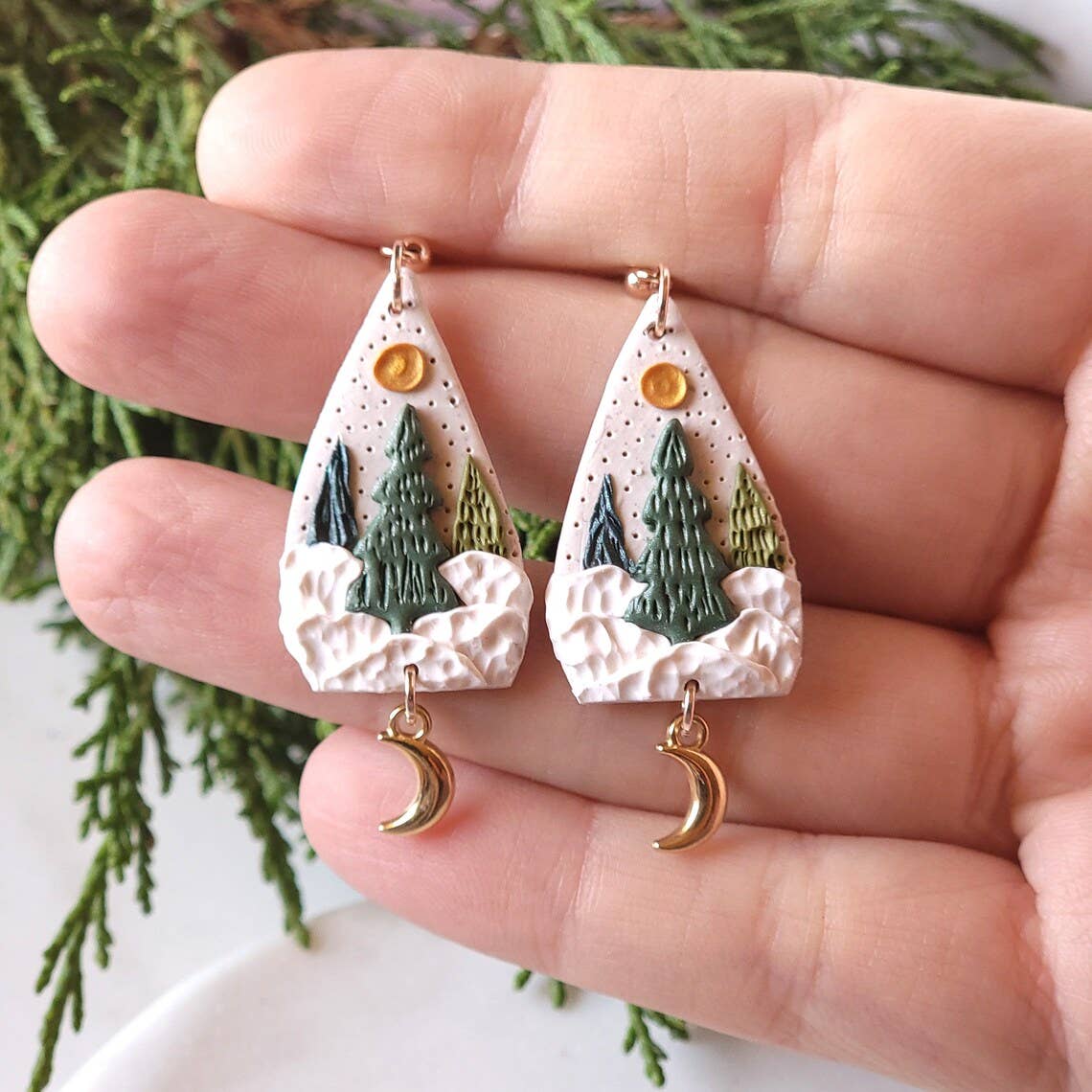 Enchanted Christmas Tree Winter Clay Gold Moon Earrings