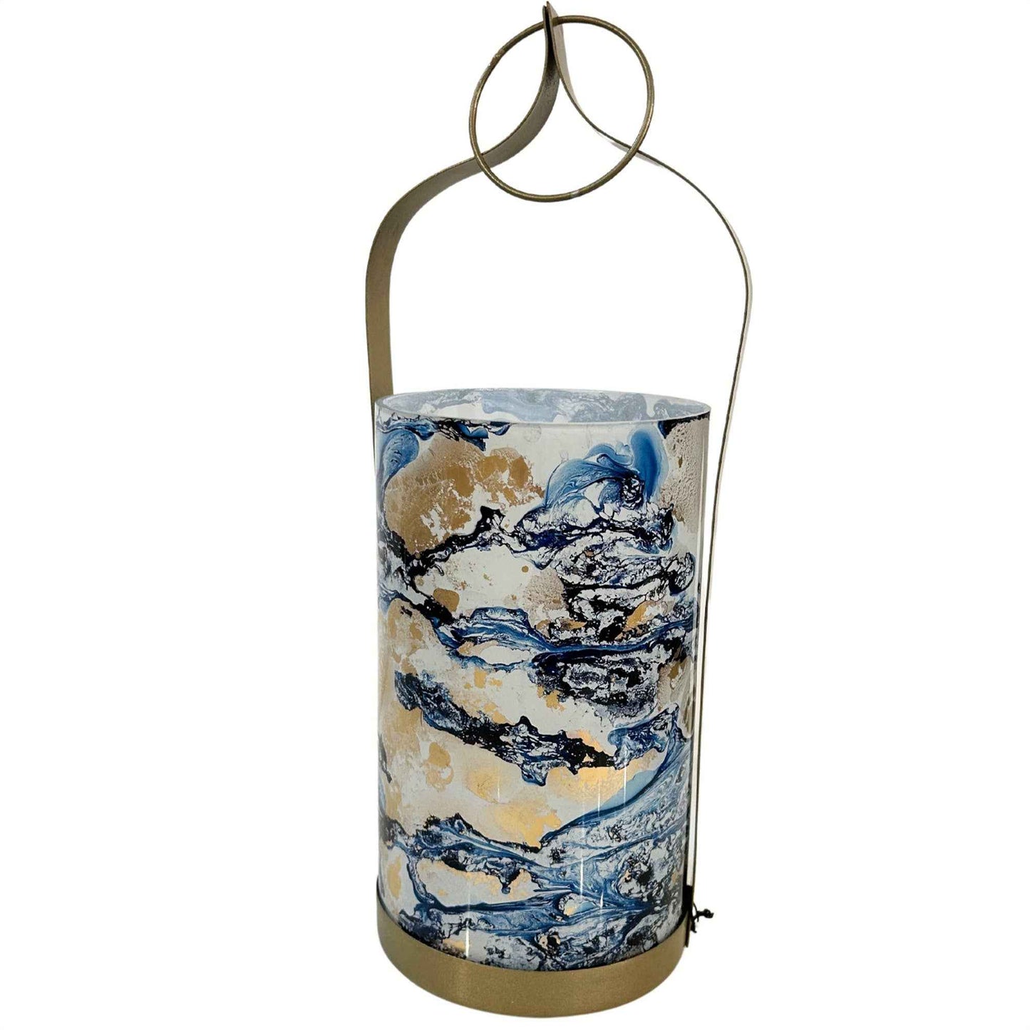 NAVY GOLD WATERCOLOR GLASS CANDLE HOLDER 18" H X 6" DIA