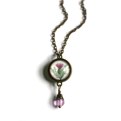 Scottish Thistle Glass Cabochon Pendant Necklace With Bead