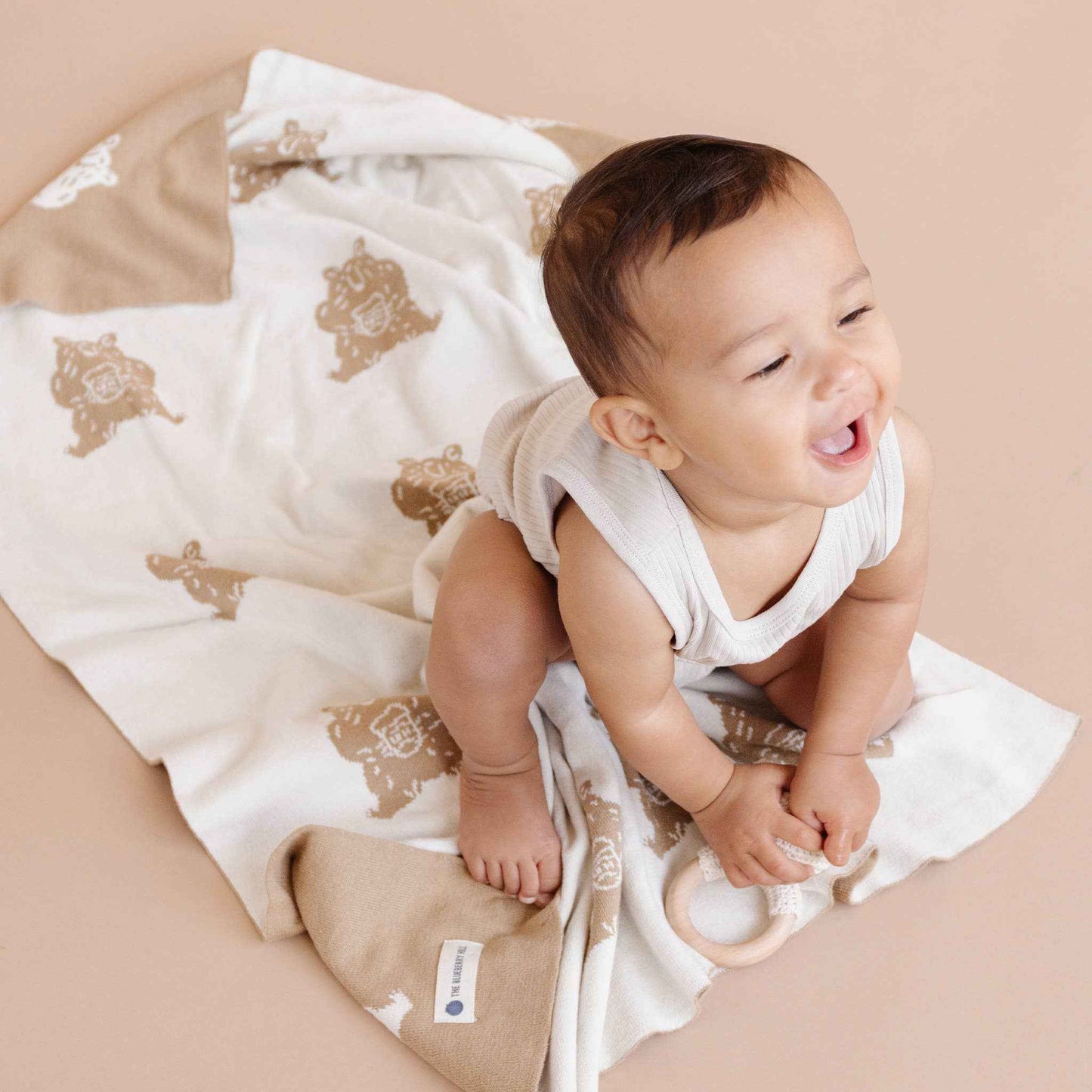 Set Honey Bear Blanket Hat and Teether Baby Gift Summer: Brown Bear