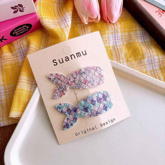 Colorful Glitter Mermaid Tail Kids Hair Clips Sweet Cute BB Clips: 1-Blue Purple Set