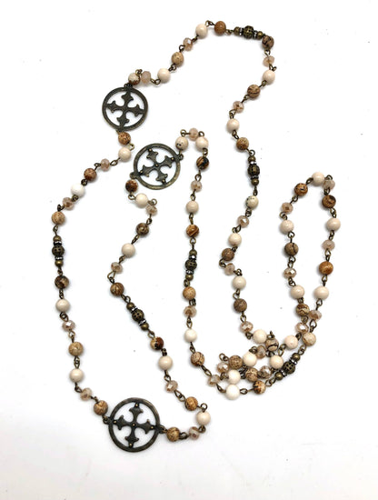 Necklace Antique Gold Picture Jasper (6mm)w/Cross Charms 51”