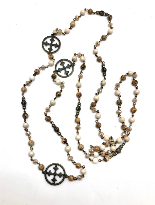 Necklace Antique Gold Picture Jasper (6mm)w/Cross Charms 51”