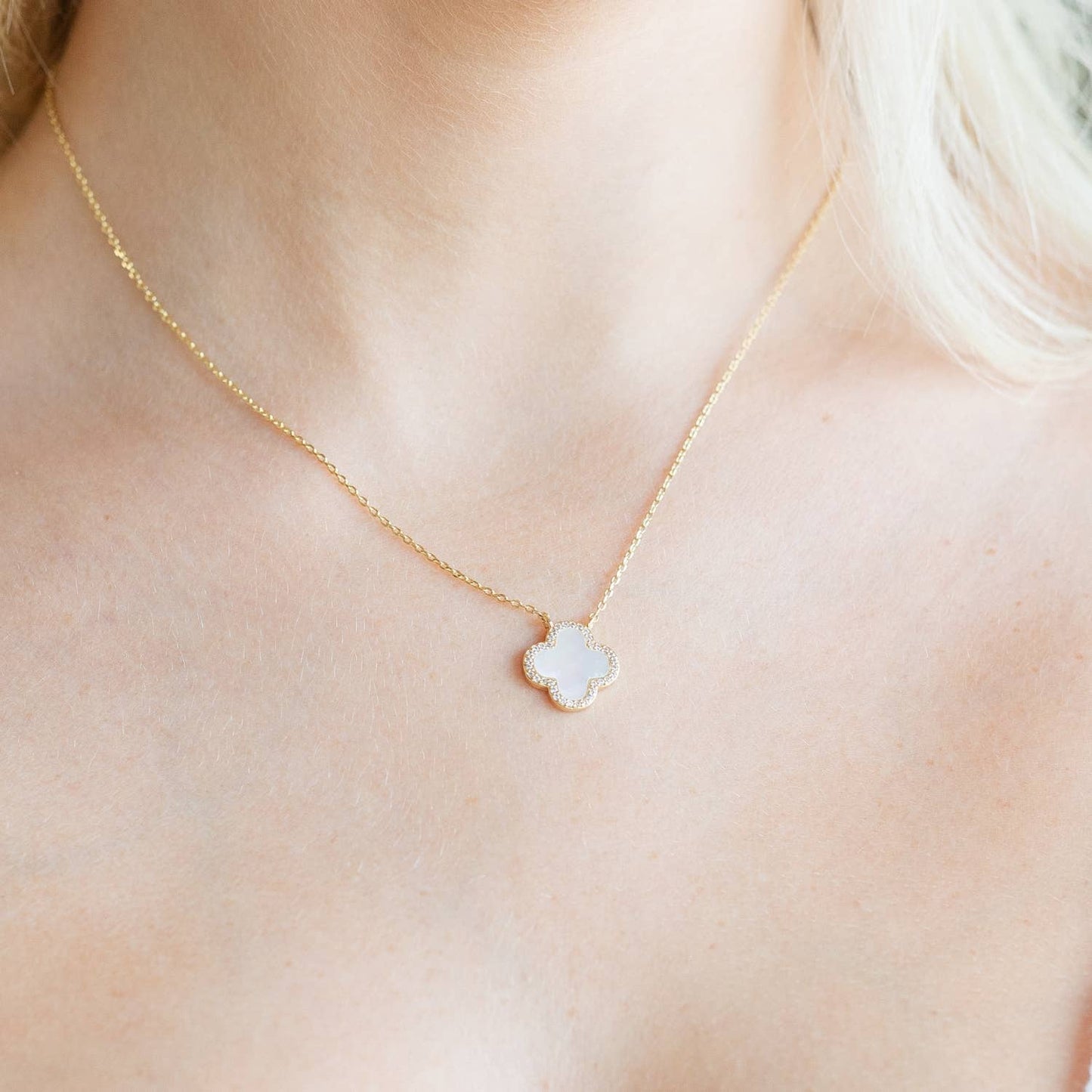Good Fortune, Shell Pave Quatrefoil Necklace