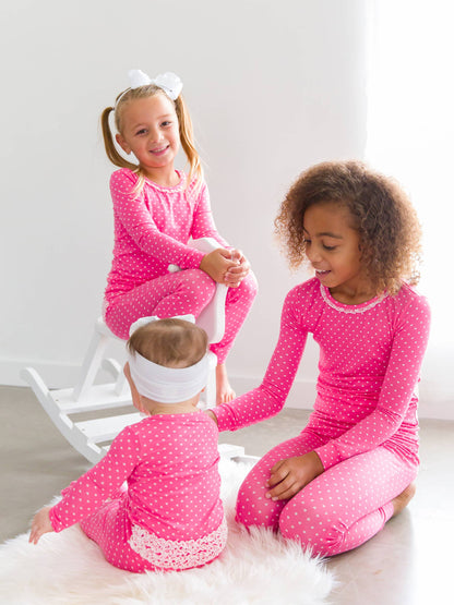 Baby Girls Hot Pink Hearts Polka Dot Bamboo Viscose Footed Ruffle One Piece Pajama