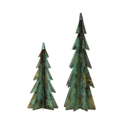 Aged Patina Metal Christmas Tree, Small and Large side by side