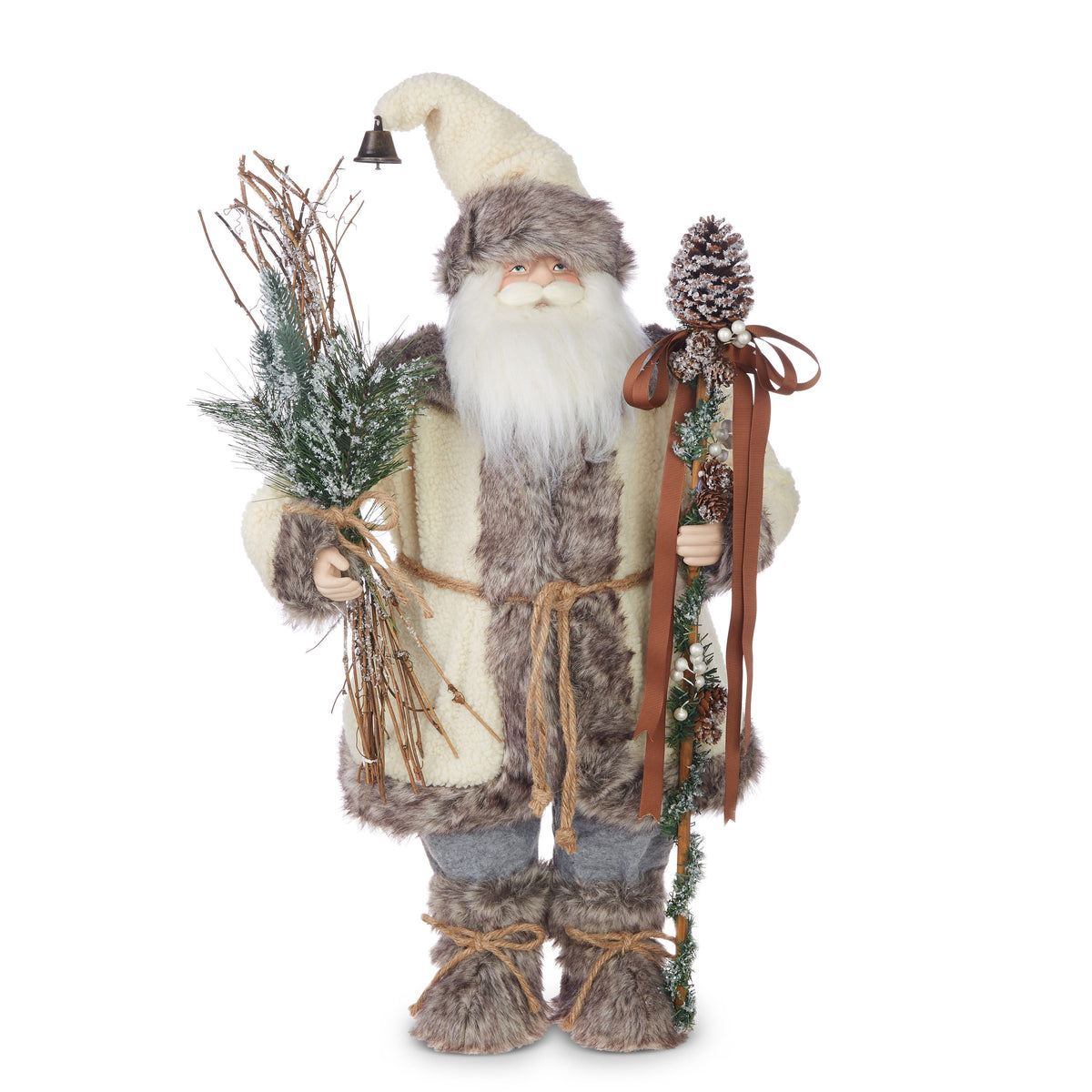 Alpine Santa Figure with Pinecone Staff, A standing Santa figure in a cream textured coat and long hat with gray faux fur trim, holding a bundle of frosted pine and twigs and a staff topped with a pinecone and brown ribbon.