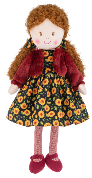 Amber Sunflower Rag Doll, A plush rag doll with copper curls in a black sunflower-print dress, a burgundy jacket and burgundy shoes.