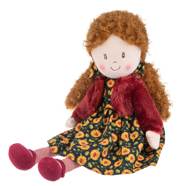 Amber Sunflower Rag Doll, A plush rag doll with copper curls in a black sunflower-print dress, a burgundy jacket and burgundy shoes.