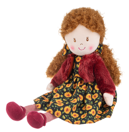 Amber Sunflower Rag Doll, A plush rag doll with copper curls in a black sunflower-print dress, a burgundy jacket and burgundy shoes.