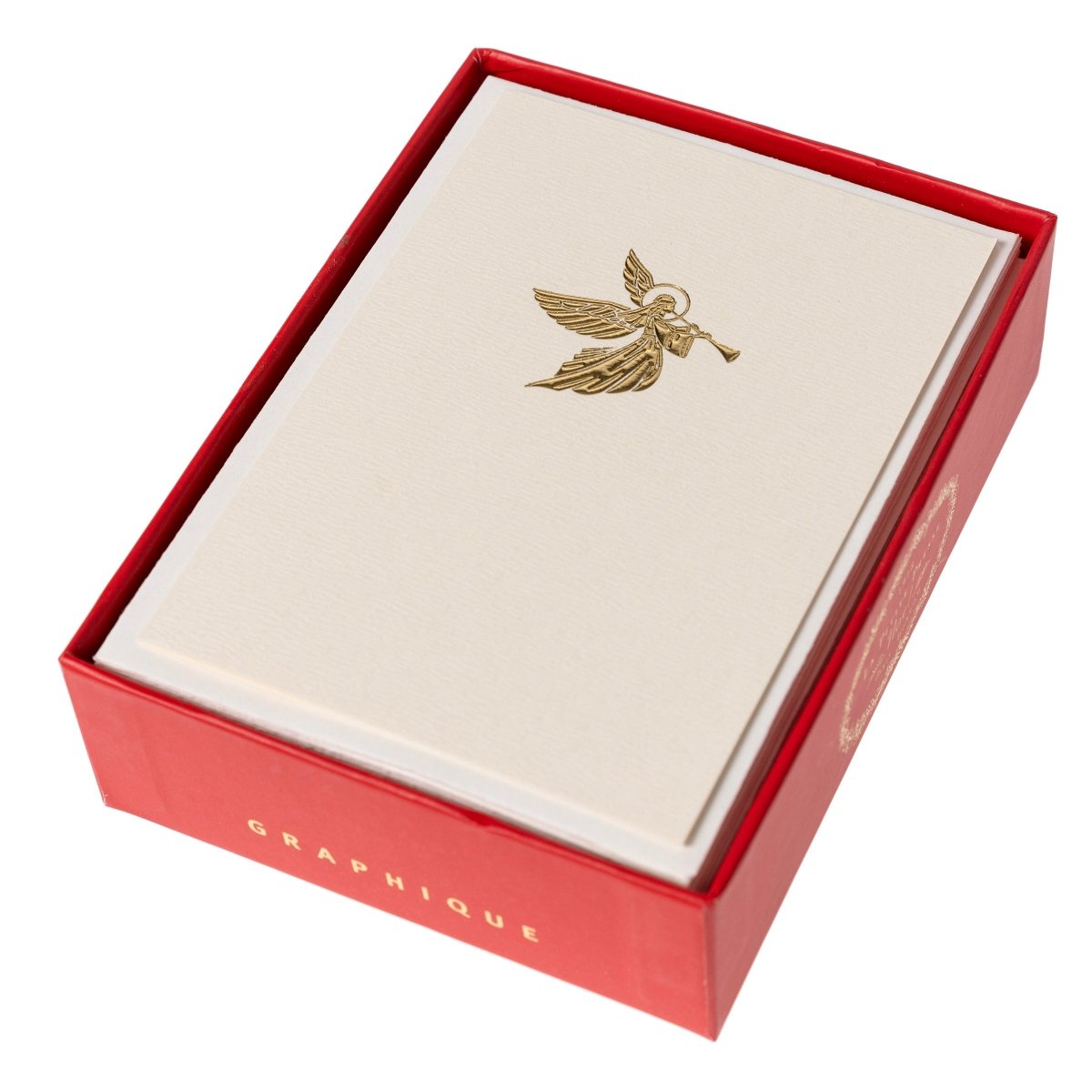 La Petite Noel Angel Holiday Boxed Cards, A boxed Christmas card with a gold foil embossed angel playing a trumpet on cream cardstock.