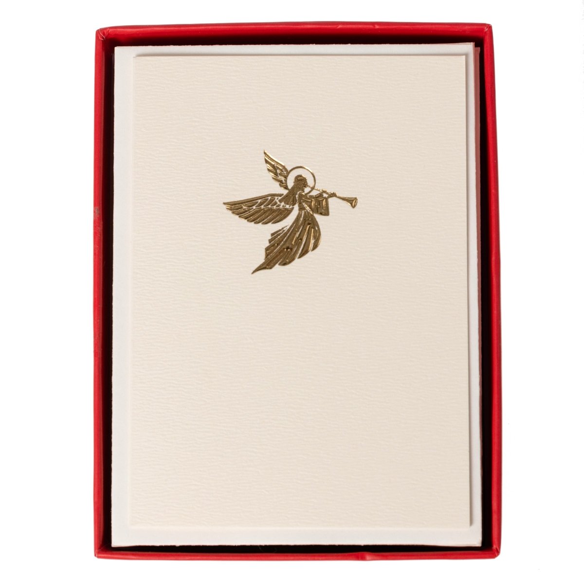 La Petite Noel Angel Holiday Boxed Cards, A boxed Christmas card with a gold foil embossed angel playing a trumpet on cream cardstock.