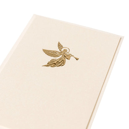 La Petite Noel Angel Holiday Boxed Cards, A boxed Christmas card with a gold foil embossed angel playing a trumpet on cream cardstock.