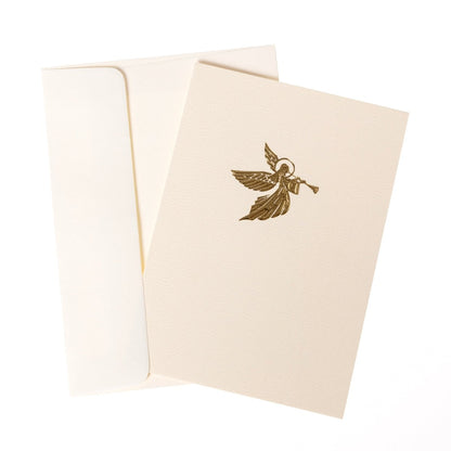 La Petite Noel Angel Holiday Boxed Cards, A boxed Christmas card with a gold foil embossed angel playing a trumpet on cream cardstock.