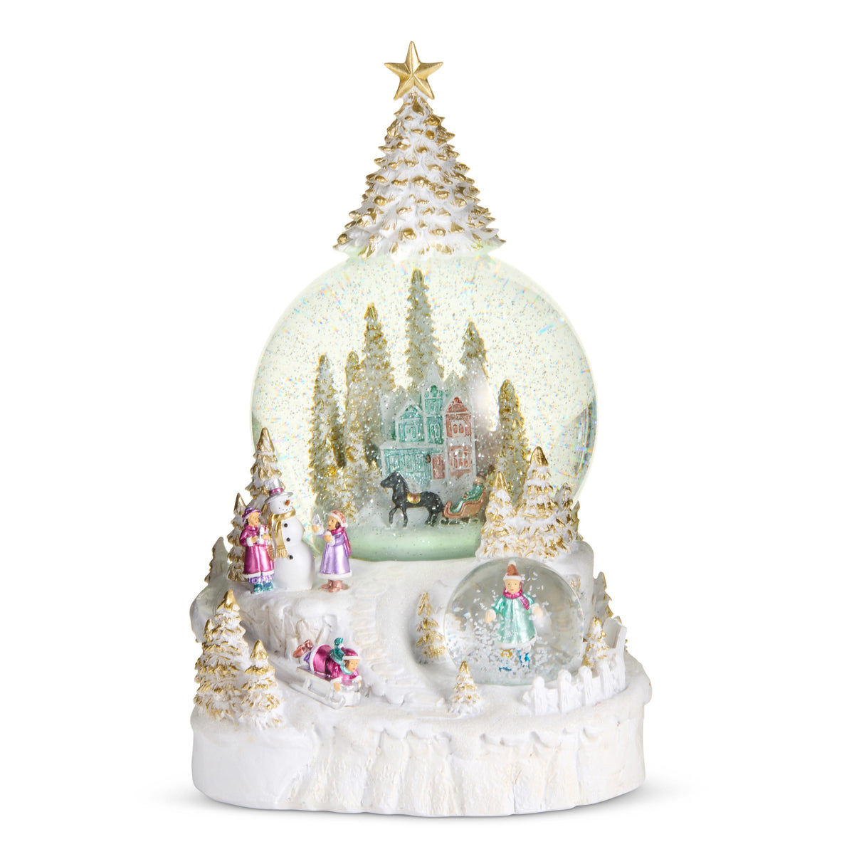 Animated Frozen Elegance Lighted Water Globe, White water globe topped by a gold-tipped tree and star, holding a Victorian house and horse-drawn sleigh above a snowy base with children and a snowman.