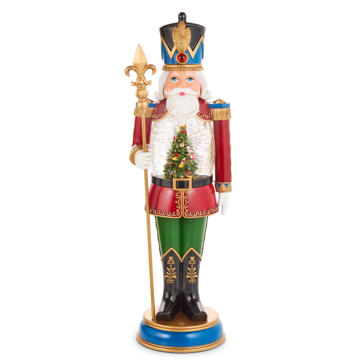 Animated Lighted Nutcracker Water Globe, Tall nutcracker in a red coat, green trousers and black boots holding a gold scepter, with a lit water globe chest holding a decorated tree.