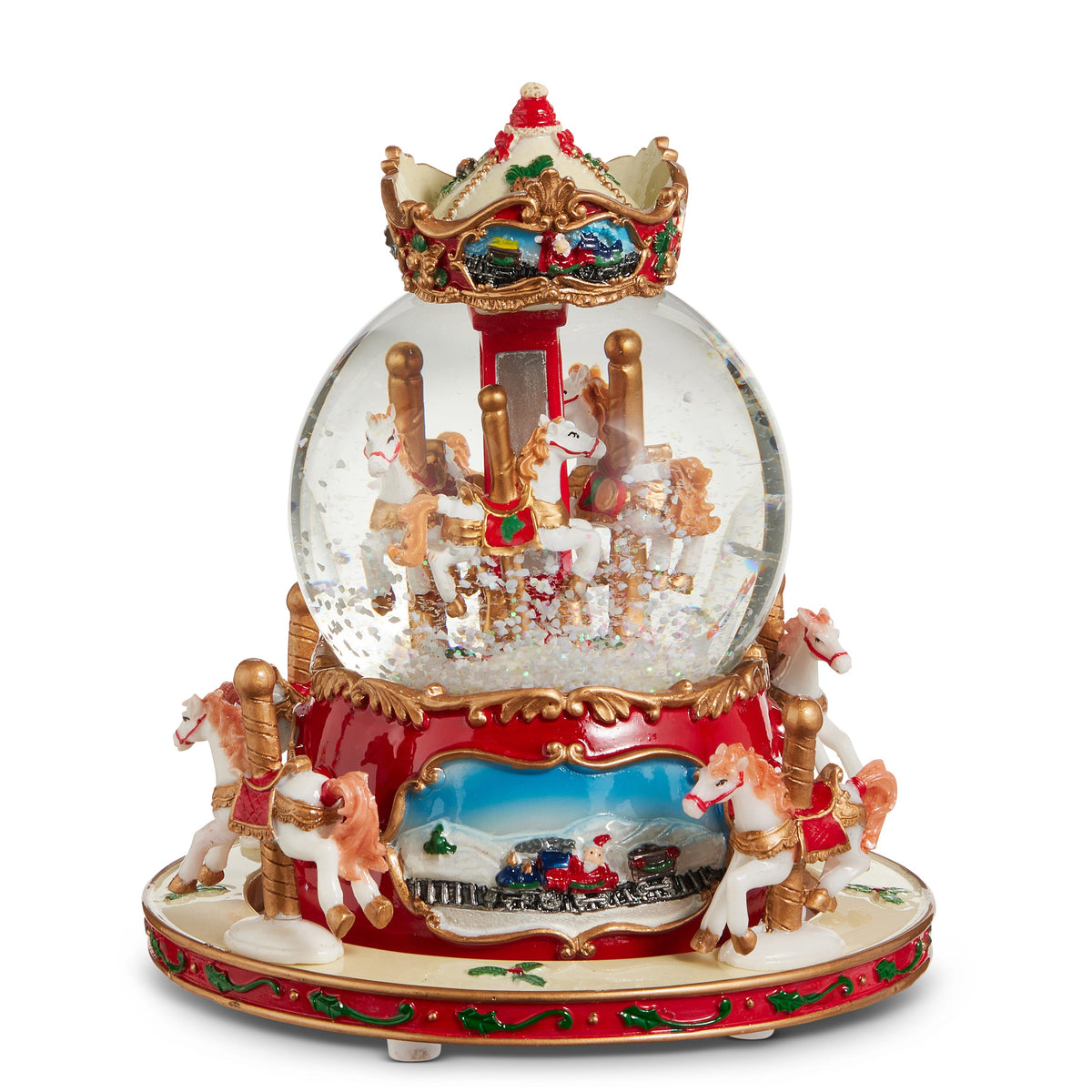 Animated Musical Carousel Horses Water Globe, A carousel water globe with white horses on gold poles inside the clear dome, a cream and gold canopy on top, and more carousel horses around a red base painted with Santa on a train.
