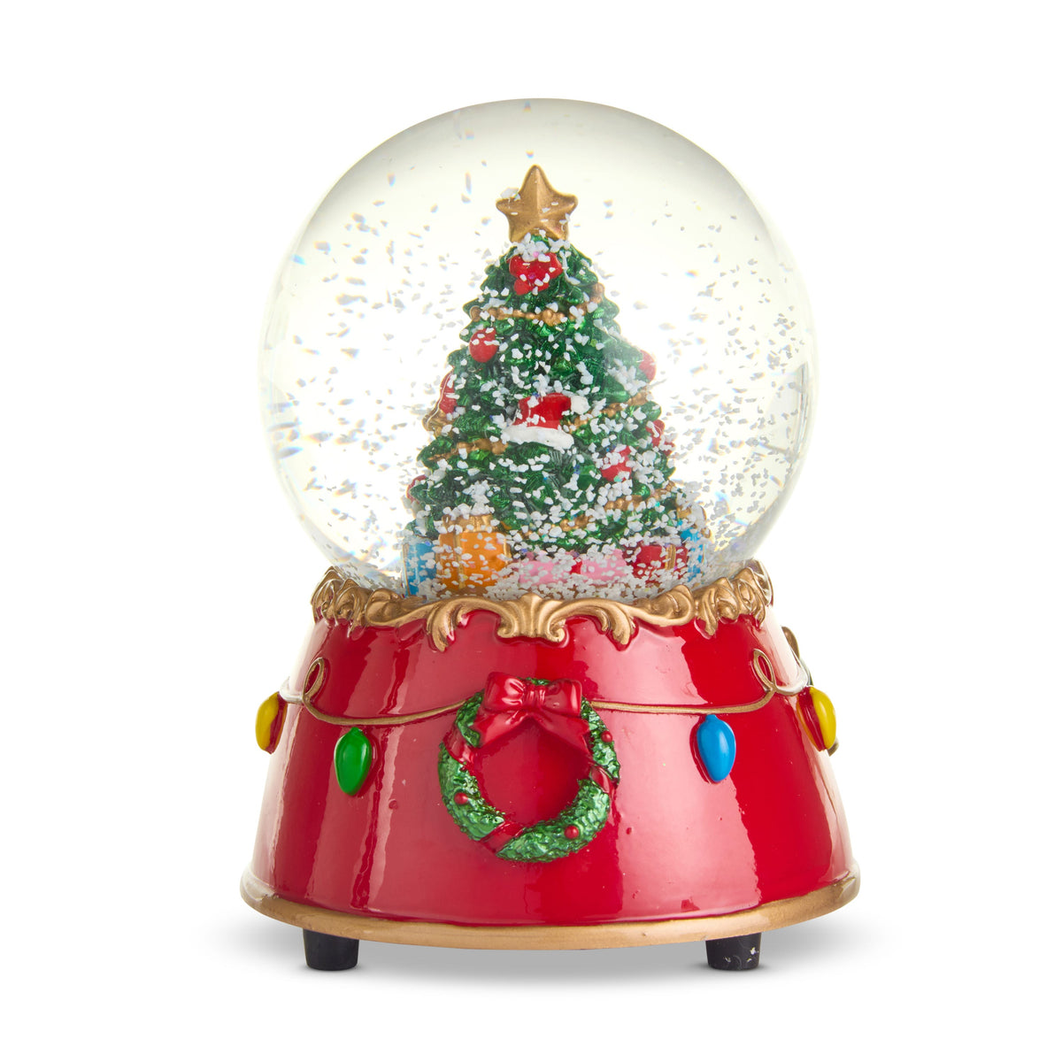 Animated Musical Christmas Tree Snow Globe, A snow globe holding a decorated Christmas tree and wrapped presents in white snow, on a red base with gold scrollwork, a wreath and colored bulbs.