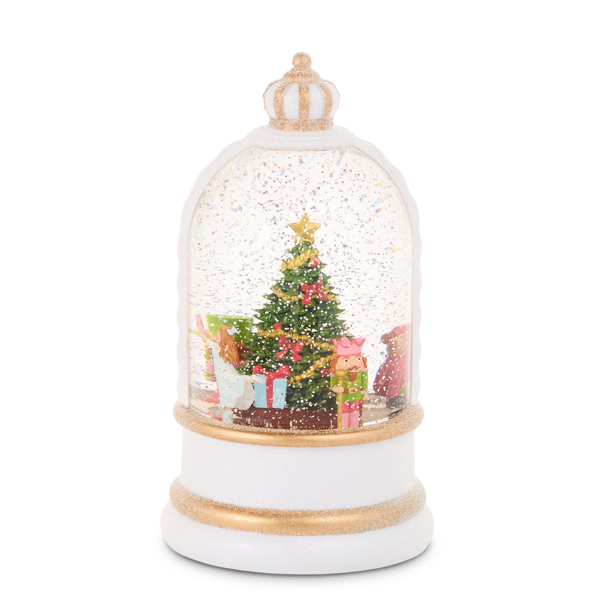 Animated Musical Nutcracker Suite Lighted Water Globe, A white and gold crowned water globe showing a rotating figure in a white dress beside a decorated Christmas tree flanked by two nutcracker soldiers.