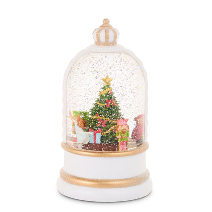 Animated Musical Nutcracker Suite Lighted Water Globe, A white and gold crowned water globe showing a rotating figure in a white dress beside a decorated Christmas tree flanked by two nutcracker soldiers.