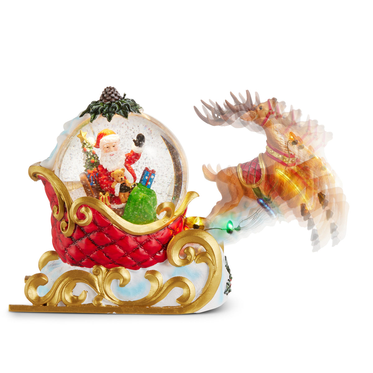 Animated Santa's Sleigh and Reindeer Lighted Water Globe, Santa with a sack of toys in a glowing water globe that rides in a red quilted sleigh on gold scrolled runners, with a reindeer in mid-leap on a cloud ahead of it.