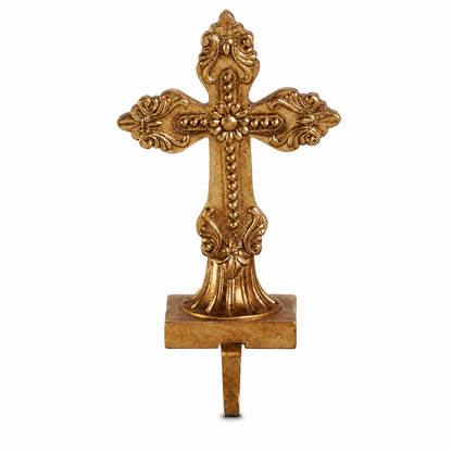 Antique Gold Holy Cross Stocking Holder, Beaded Cross design