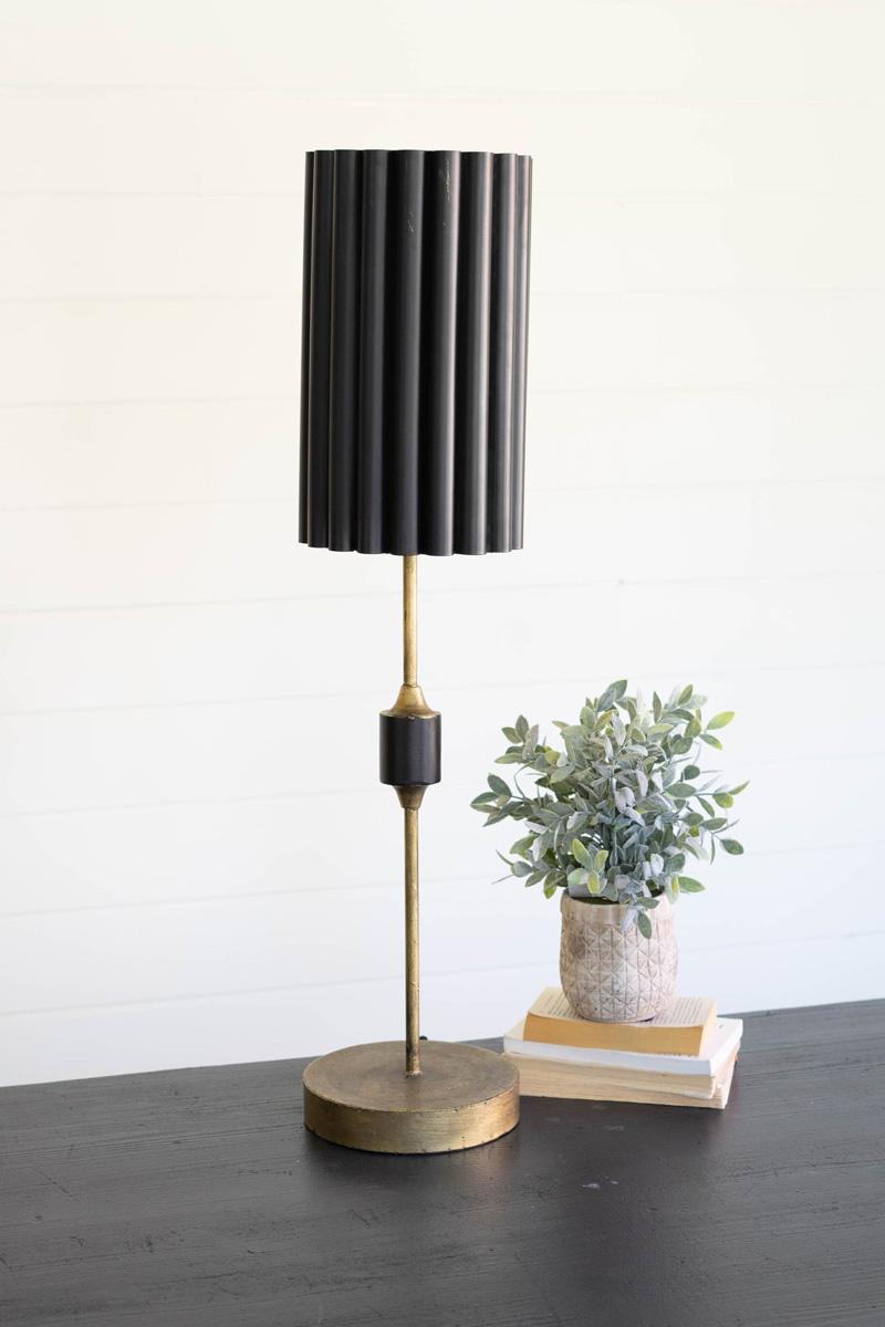 Antique Gold Table Lamp with Fluted Black Metal Shade, A tall antique gold table lamp with a fluted black metal shade.