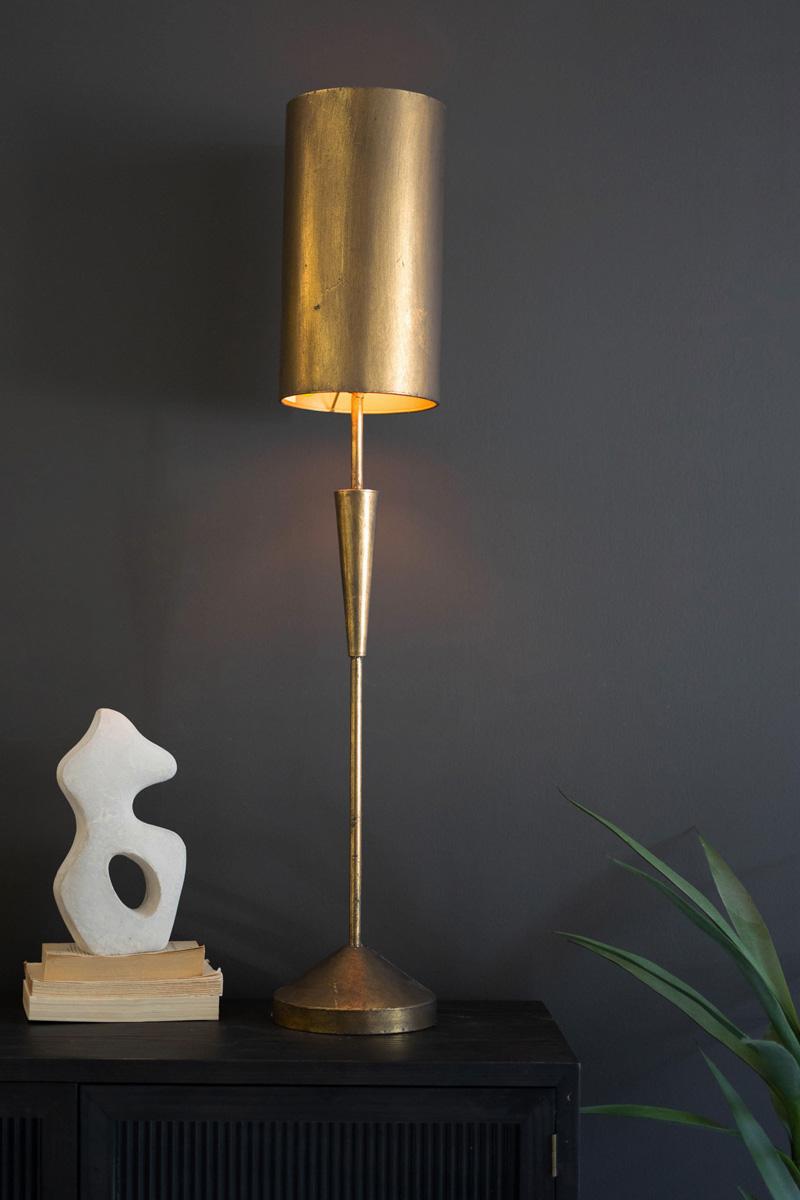 Antique Gold Table Lamp with Metal Barrel Shades, A tall antique gold table lamp with a conical metal shade.