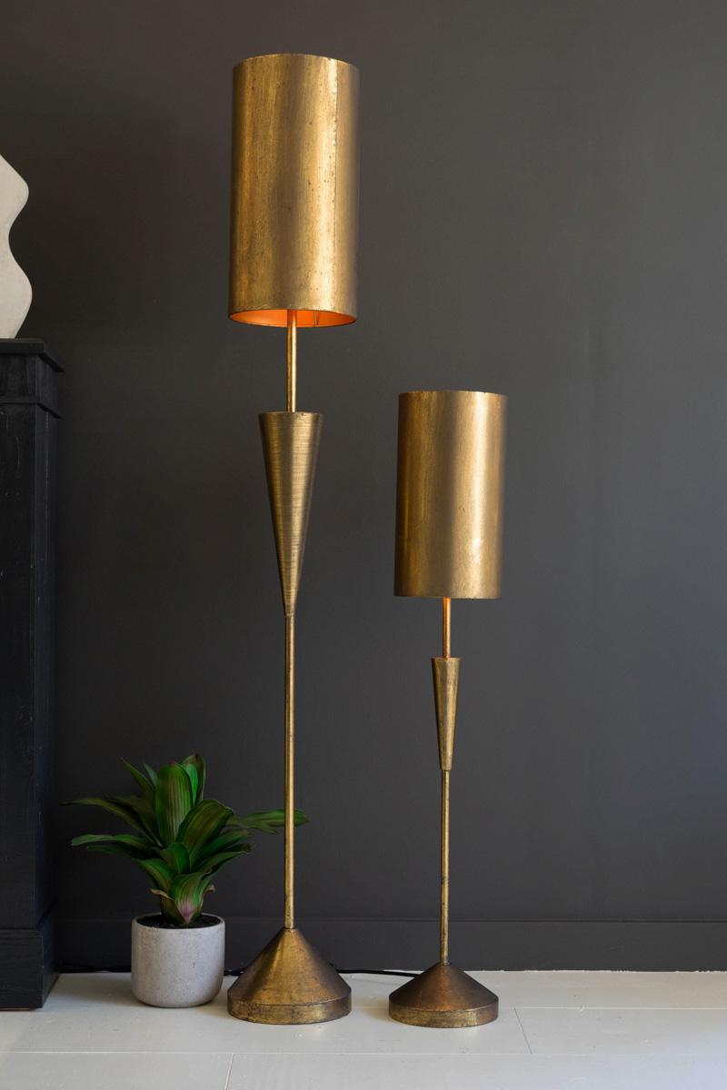 Antique Gold Table Lamp with Metal Barrel Shades, A tall antique gold table lamp with a conical metal shade.