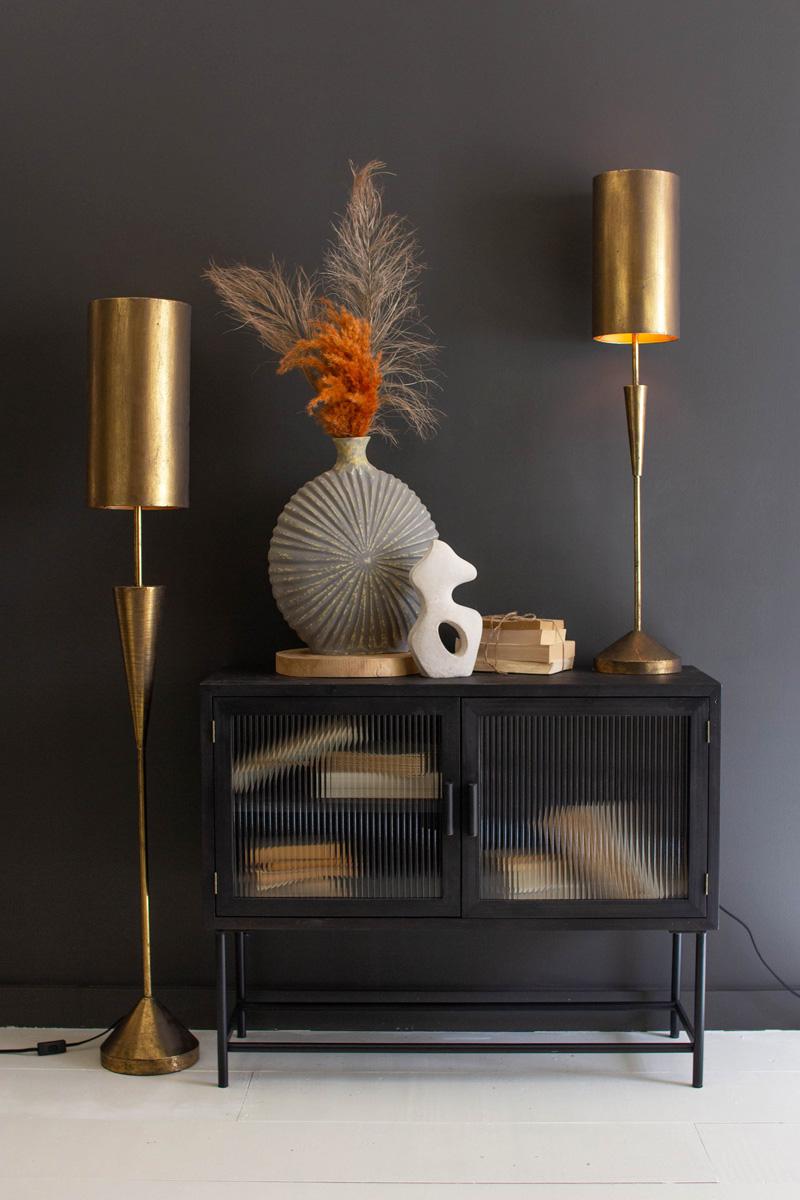 Antique Gold Table Lamp with Metal Barrel Shades, A tall antique gold table lamp with a conical metal shade.