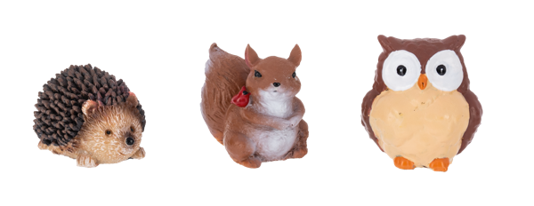 Autumn Woodland Mini Critter Figurine, Three mini woodland figurines in a row: a hedgehog with a dark quilled back, a brown squirrel and a wide-eyed owl with a cream chest.