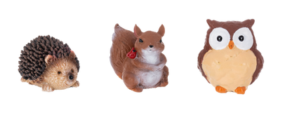 Autumn Woodland Mini Critter Figurine, Three mini woodland figurines in a row: a hedgehog with a dark quilled back, a brown squirrel and a wide-eyed owl with a cream chest.