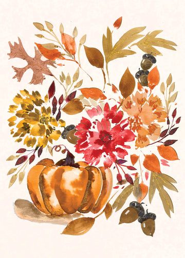 Autumnal Colors Greeting Card, Front of a card with a watercolor illustration of an orange pumpkin surrounded by autumn leaves, acorns and yellow, red and peach flowers on a cream background.