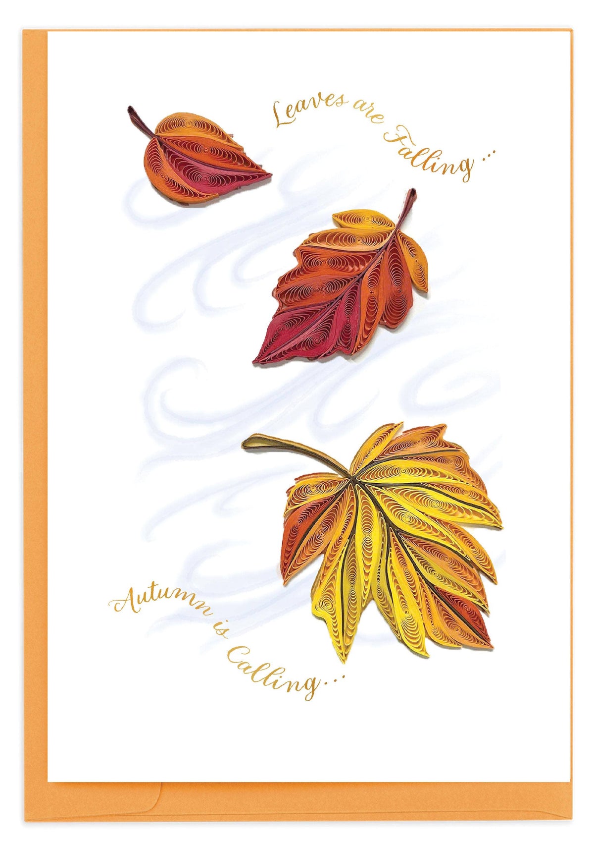 Autumnal Leaves Greeting Card, A white card front with three autumn leaves in red, orange and gold scrolls over soft blue swirls, with the words Leaves are Falling and Autumn is Calling in gold script.
