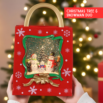 Christmas Musical Red Gift Bag Snow Globe Lantern with Snowman Family Scene for Christmas Decoration