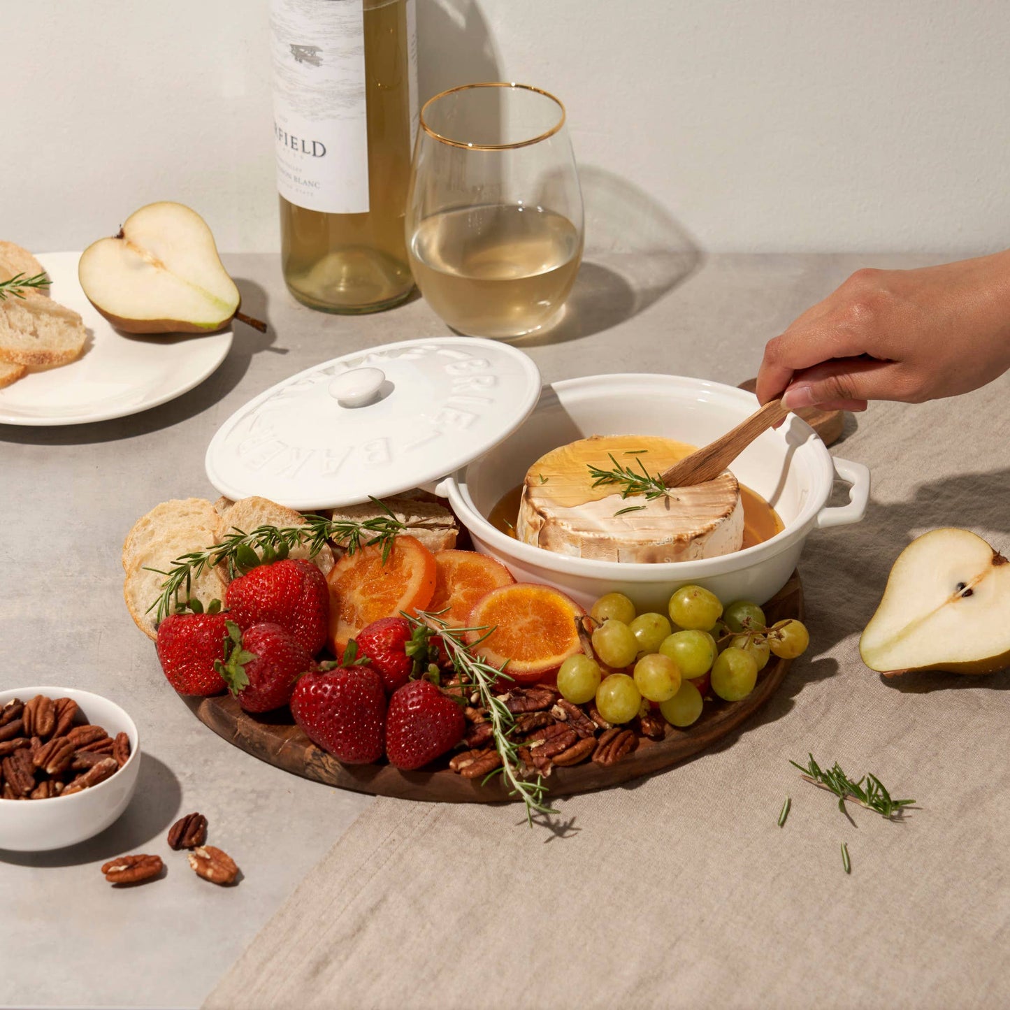 White Ceramic Brie Baker and Lid with Acacia Spreader