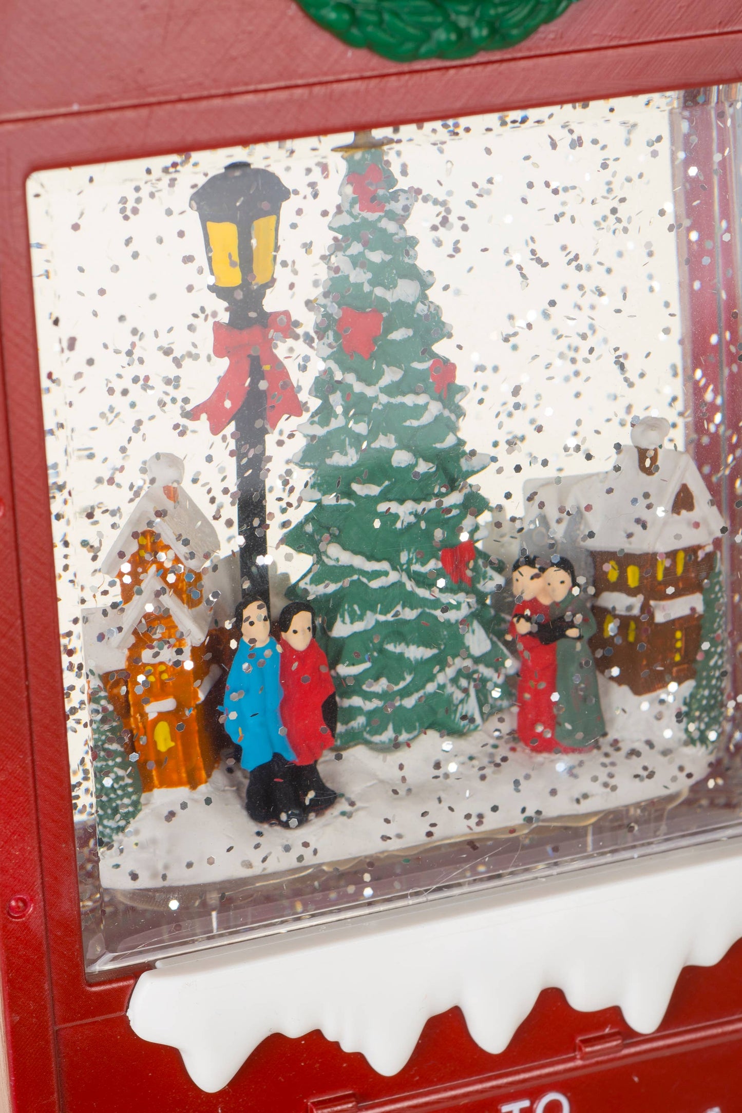 Burgundy Mailbox Snow Globe with Carolers in the city