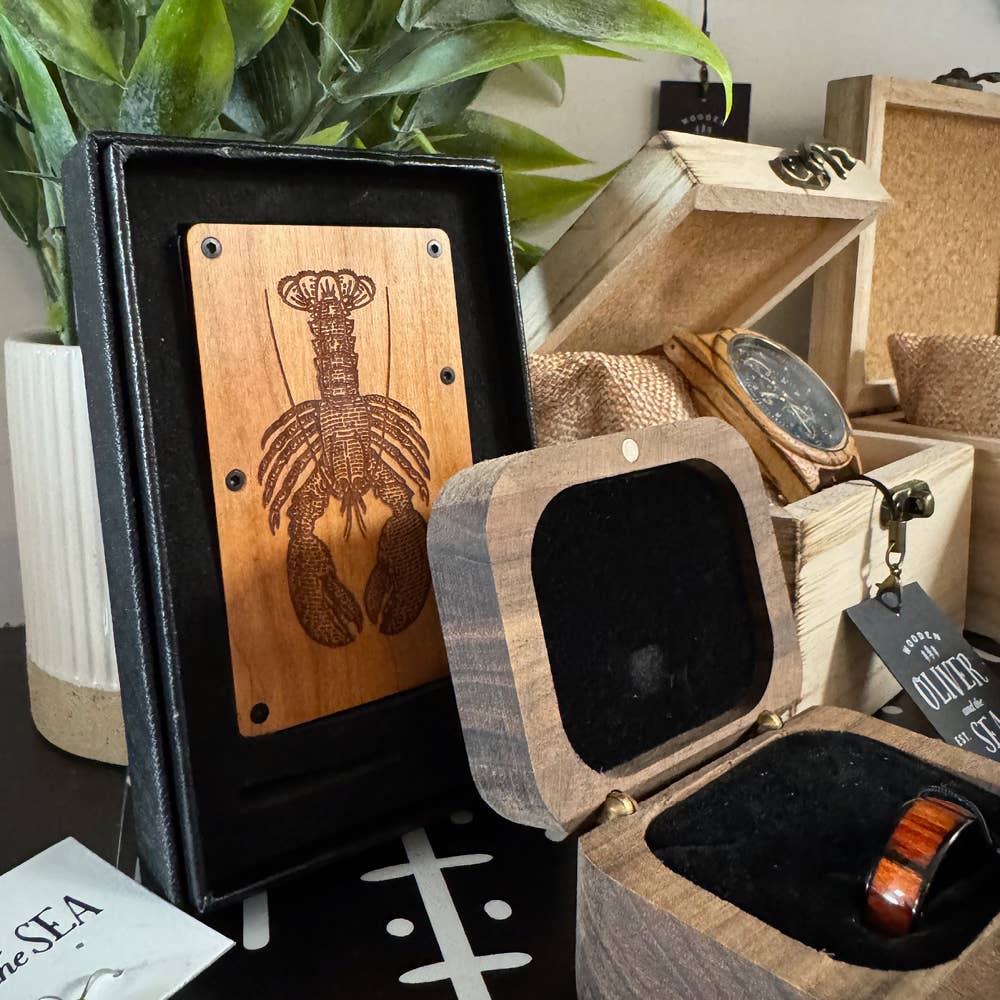 Oliver y el Mar - Cartera Minimalista con Grabado en Madera RFID, Delgada, de Madera, Vida Marina