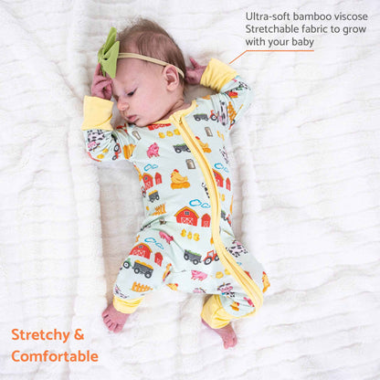 LollyBanks - Bamboo Baby Convertible Zipper Pajamas - Farm Pigs Cows Barn